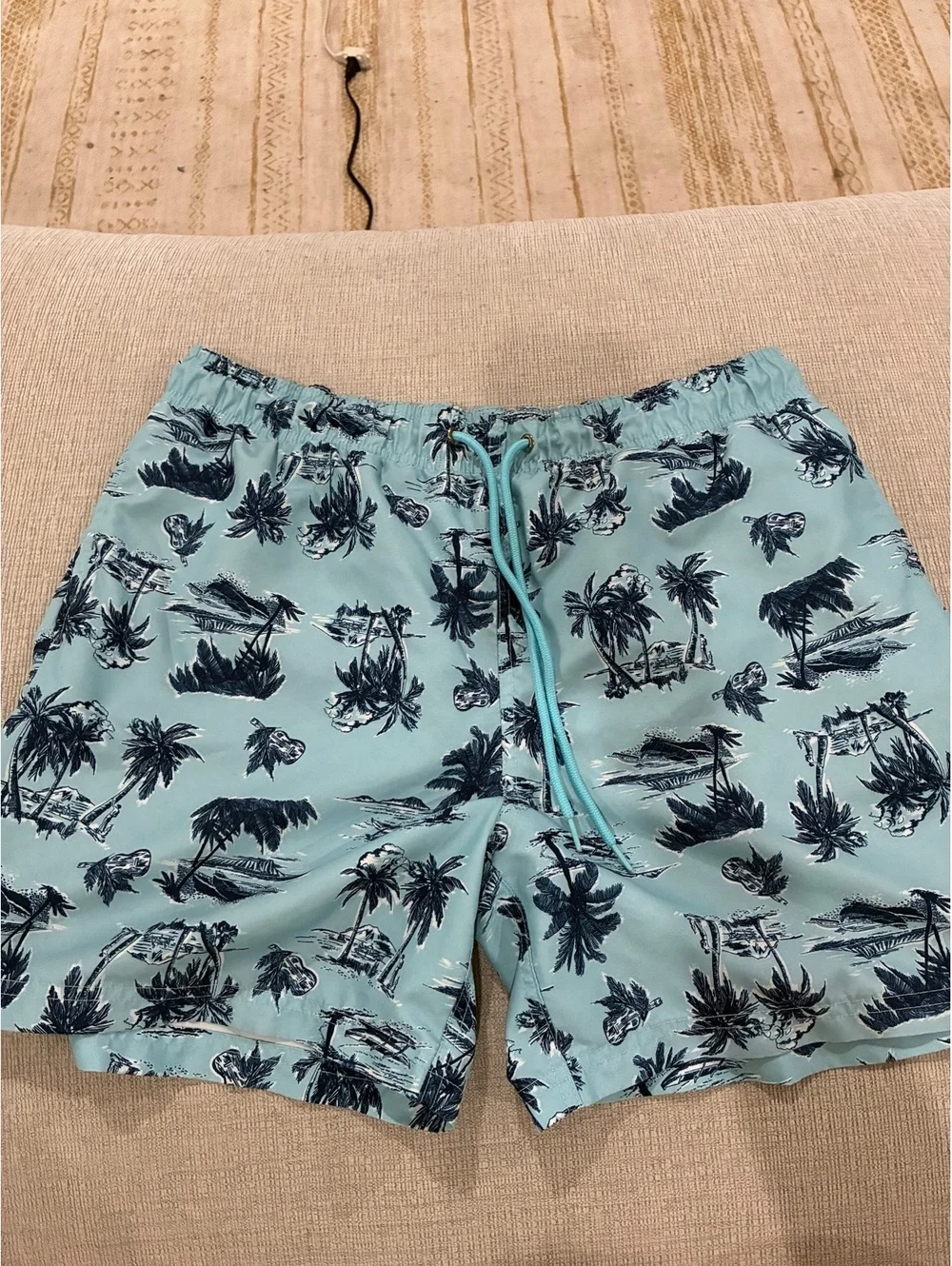 Men's Light Blue Tropical Print Swim Shorts with Drawstring